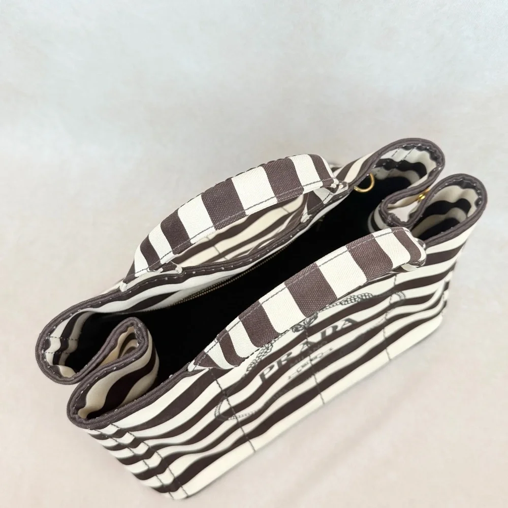 Prada Canapa Tote Chocolate Brown & Ivory Stripes w Strap + Dust Bags